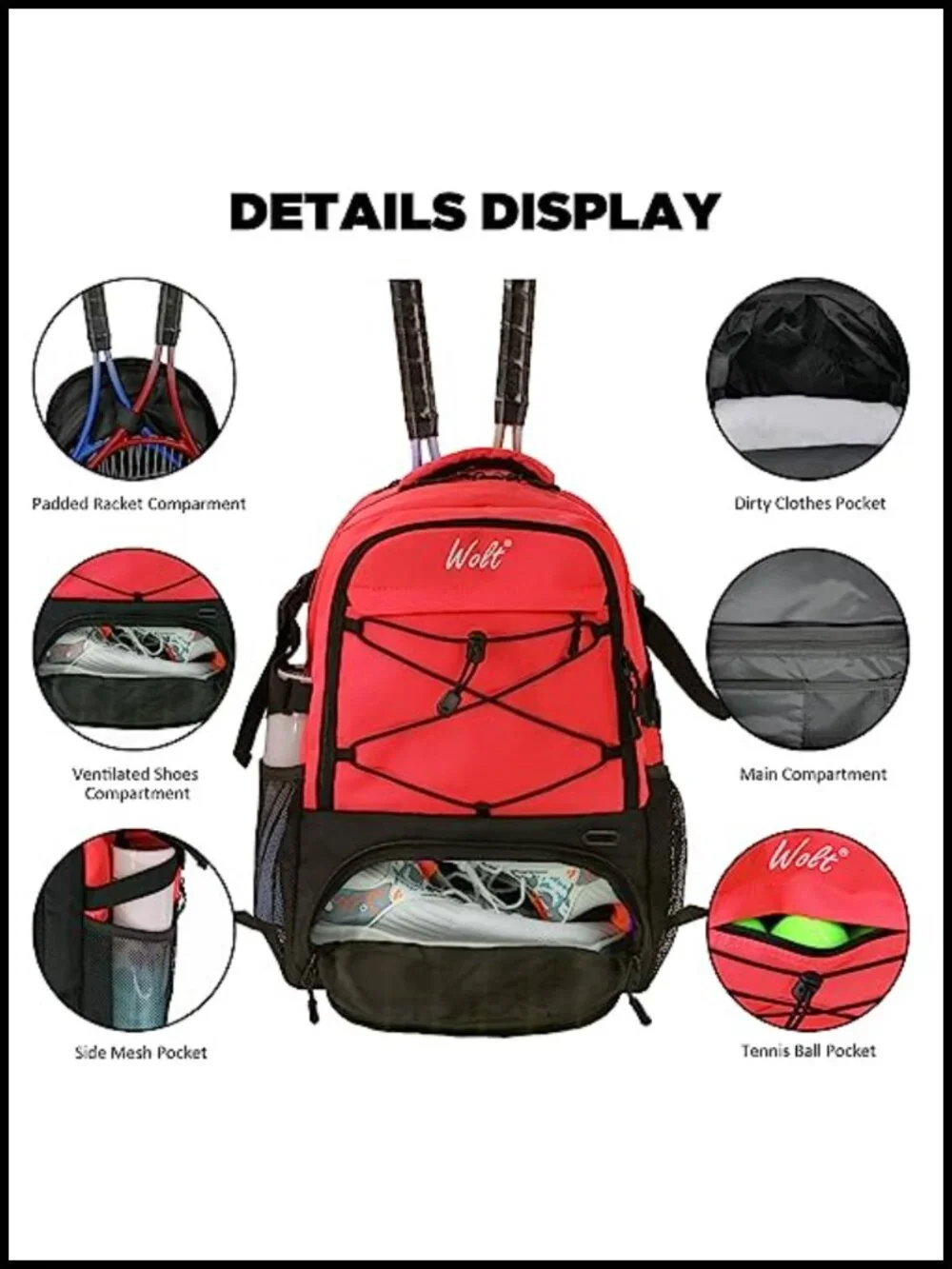 Large Tennis Backpack Holds 2 Rackets with Shoe Compartment
